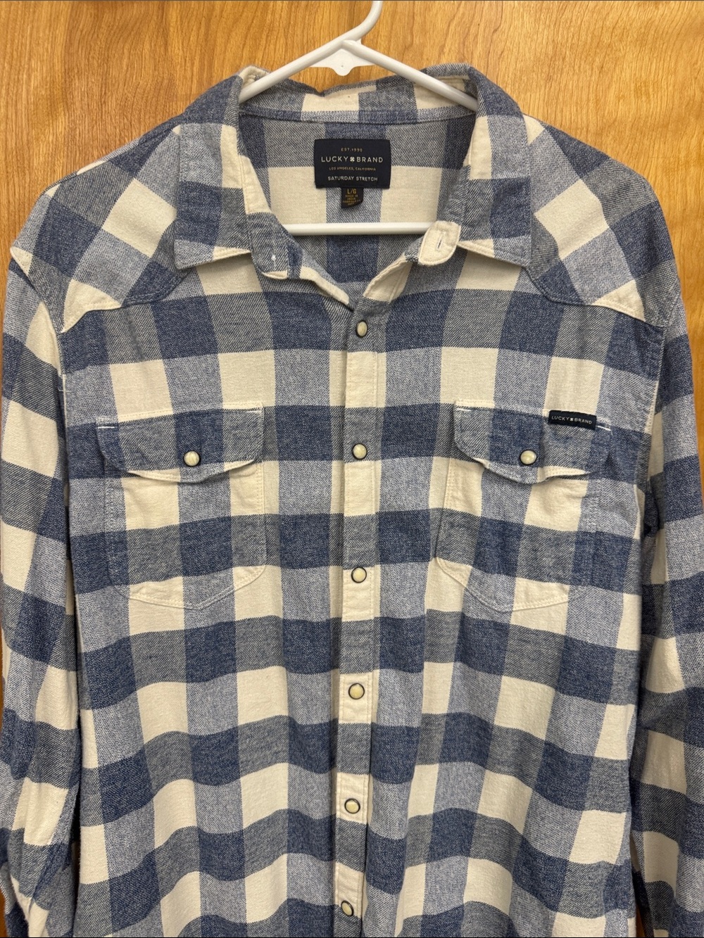 Lucky Brand Blue and Cream Plaid Soft flannel shirt. Snap buttons